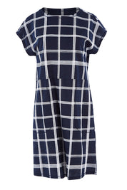Product shot of The Check Shift Dress in colour Navy (Blue), from the front