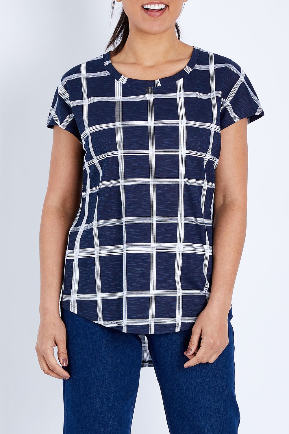 Model Pamela wearing size 10 of The Check Scoop Neck Tee in colour Navy (Blue), from the front, cropped image