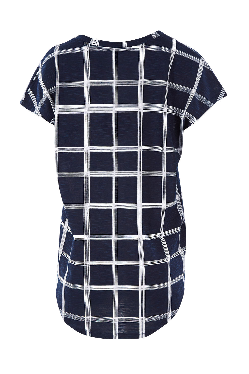 Product shot of The Check Scoop Neck Tee in colour Navy (Blue), from the back