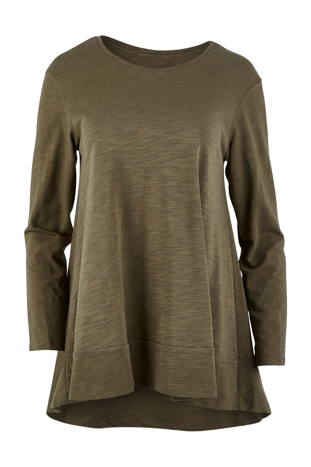 Product shot of The Long Sleeve Swing Tee in colour Khaki (Green), from the front