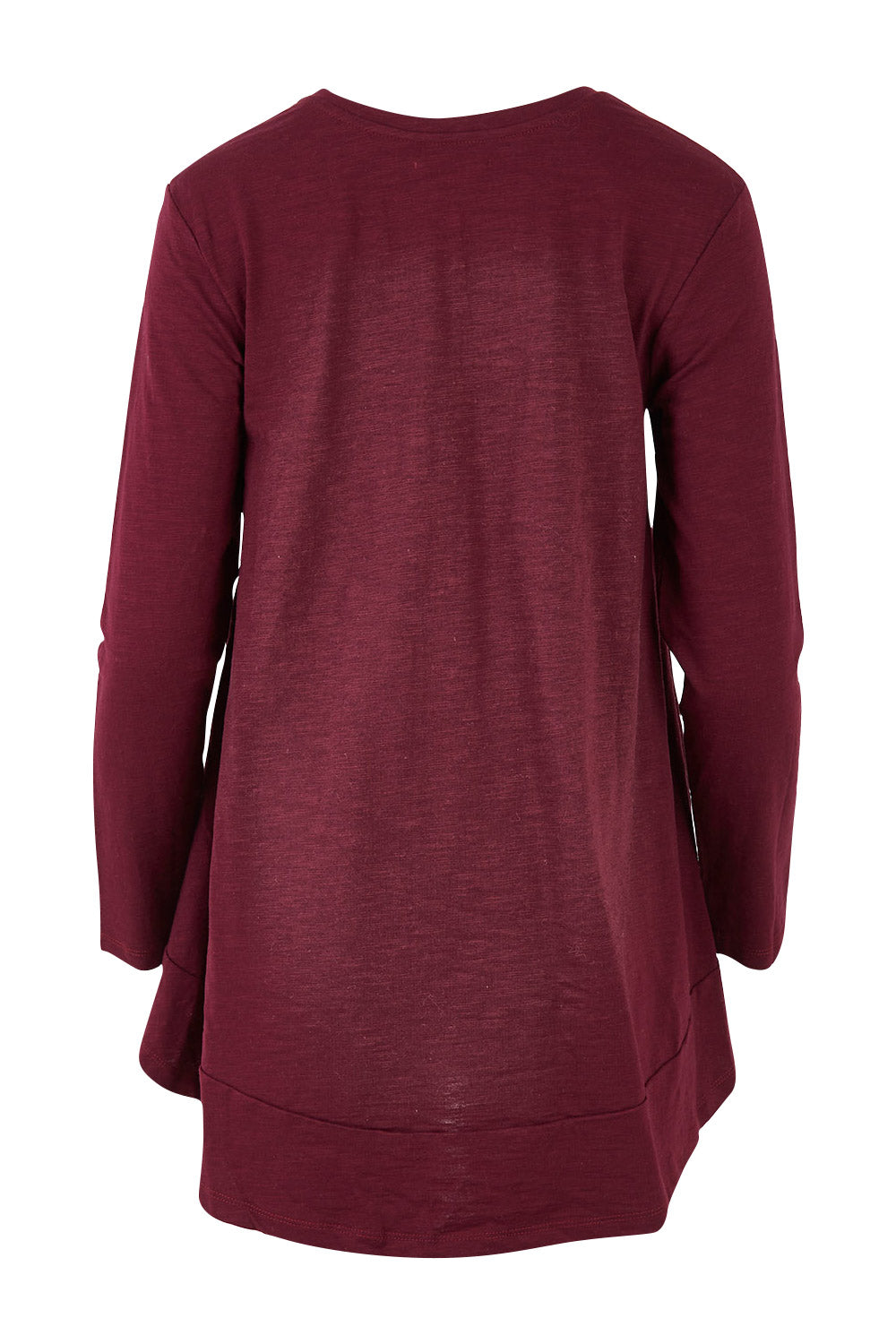 Product shot of The Long Sleeve Swing Tee in colour Shiraz (Red), from the back