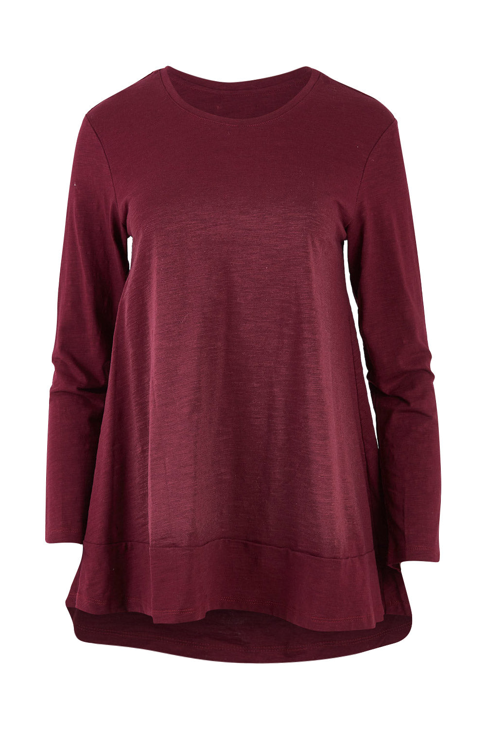 Product shot of The Long Sleeve Swing Tee in colour Shiraz (Red), from the front