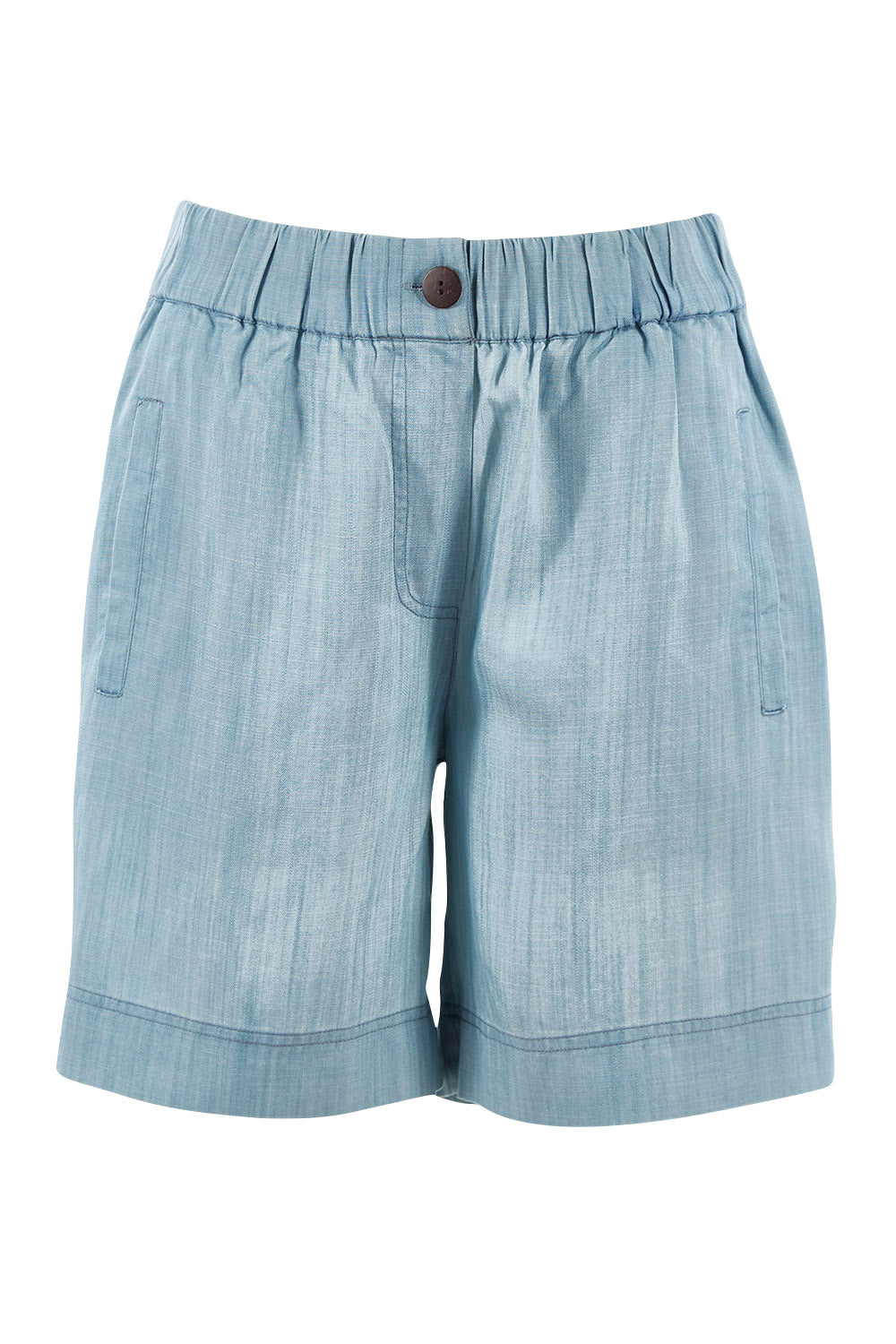 Product shot of The Chambray Walk Short in colour Chambray (Blue), from the front