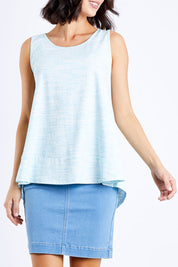 Model Andrea wearing size 10 of The Swing Tank in colour Bluemarle (Blue), from the front, cropped image