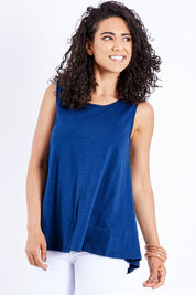 Model Pamela wearing size 10 of The Swing Tank in colour Navy (Blue), from the front, cropped image