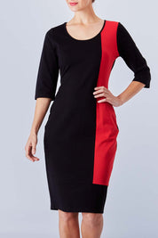 A model wearing The Mid Sleeve Panel Dress in colour Multi (Red), from the front, cropped image
