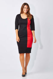 Model Laura wearing size 10 of The Mid Sleeve Panel Dress in colour Multi (Red), from the front, showing the whole outfit