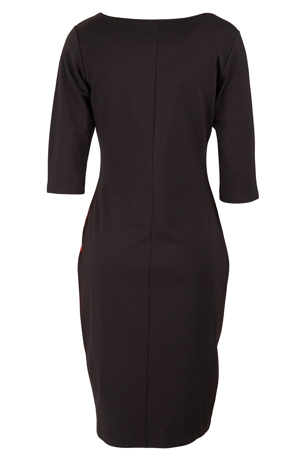 Product shot of The Mid Sleeve Panel Dress in colour Multi (Red), from the back
