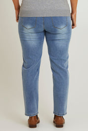 Model Laura wearing size 14 of The Boyfriend Slim Leg Jean in colour Blue (Blue), from the back