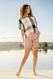 Model Emma wearing size 10 of The 5 Pocket Denim Short in colour Rosepink (Pink), from the front, showing the whole outfit