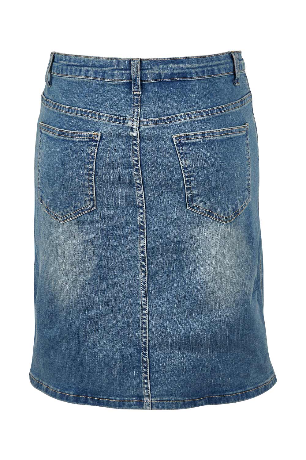 Product shot of The 5 Pocket Denim Skirt in colour Denim (Blue), from the back