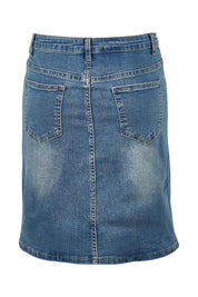 Product shot of The 5 Pocket Denim Skirt in colour Denim (Blue), from the back