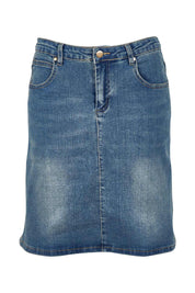 Product shot of The 5 Pocket Denim Skirt in colour Denim (Blue), from the front