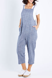Model Andrea wearing size 10 of The Comfort Overall in colour Bluemarle (Blue), from the front, cropped image
