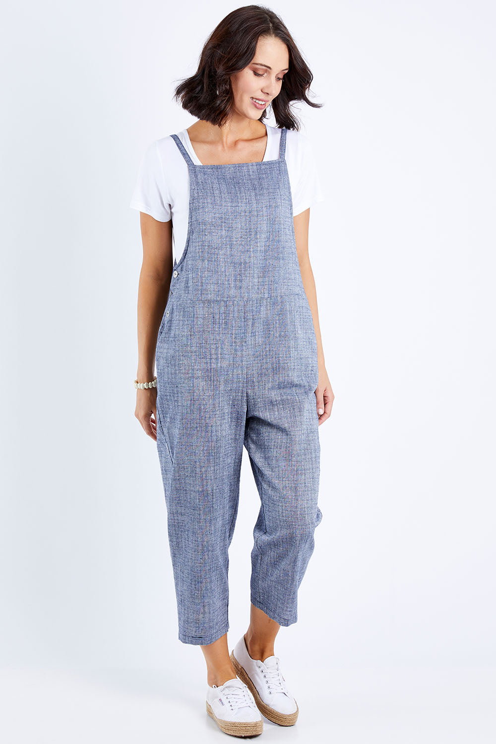 Model Andrea wearing size 10 of The Comfort Overall in colour Bluemarle (Blue), from the front, showing the whole outfit