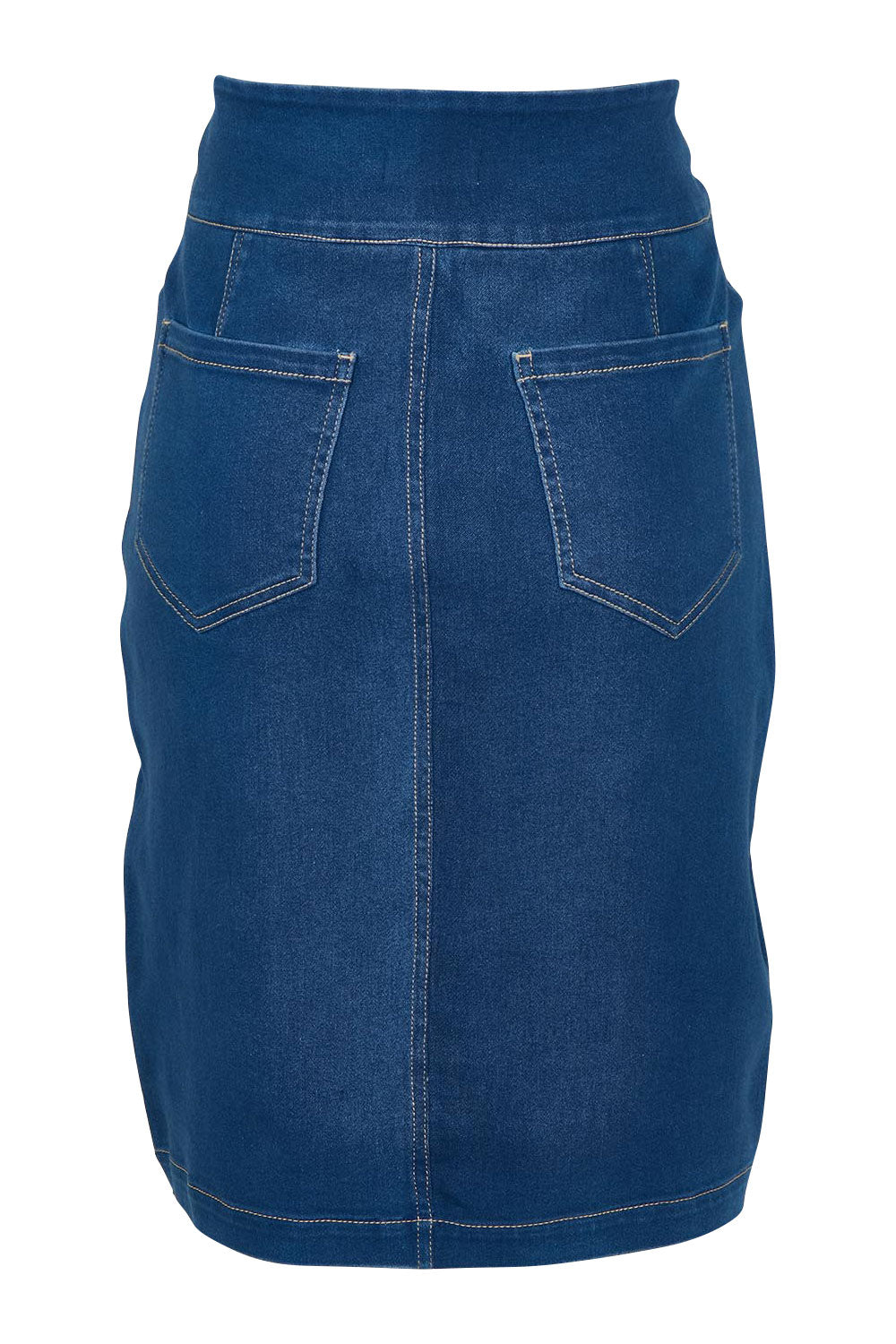 Product shot of The Pull On Denim Skirt in colour Denim (Blue), from the back