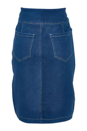 Product shot of The Pull On Denim Skirt in colour Denim (Blue), from the back