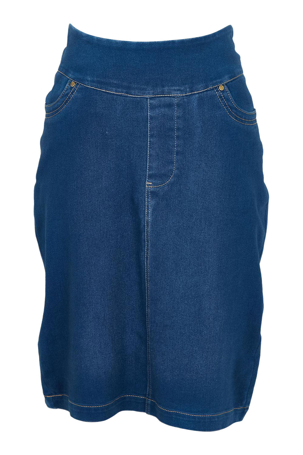 Product shot of The Pull On Denim Skirt in colour Denim (Blue), from the front