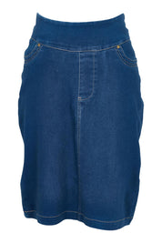 Product shot of The Pull On Denim Skirt in colour Denim (Blue), from the front