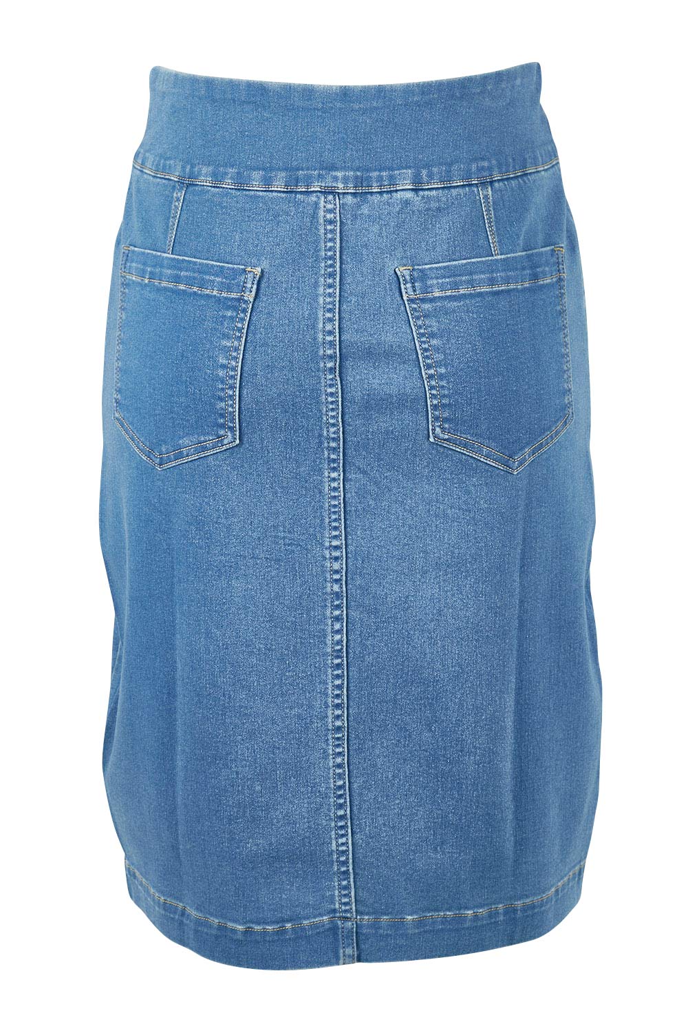 Product shot of The Pull On Denim Skirt in colour Middenim (Blue), from the back