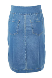 Product shot of The Pull On Denim Skirt in colour Middenim (Blue), from the back