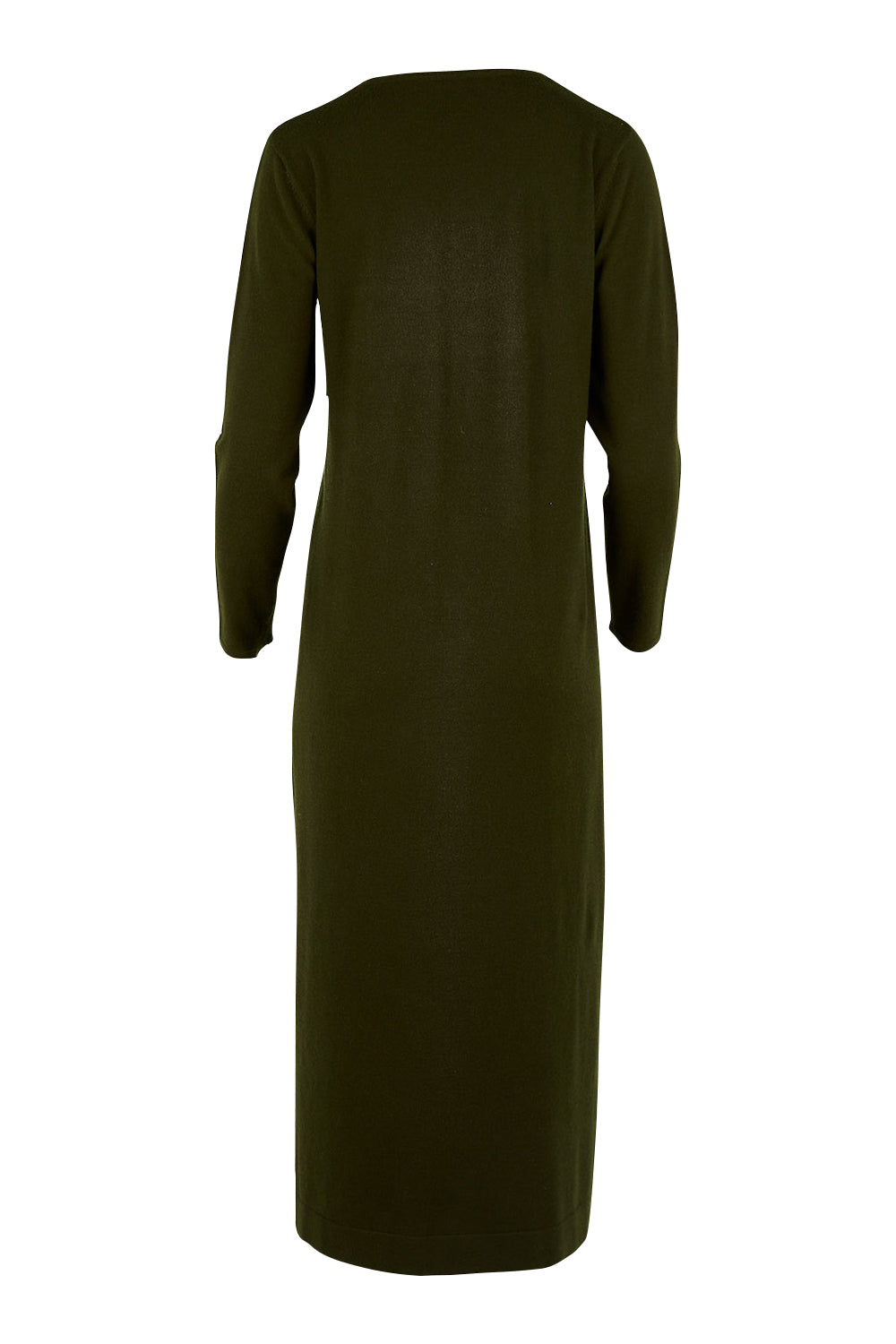 Product shot of The Comfort True Knit Dress in colour Darkolive (Green), from the back