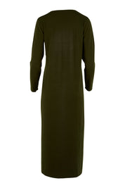 Product shot of The Comfort True Knit Dress in colour Darkolive (Green), from the back