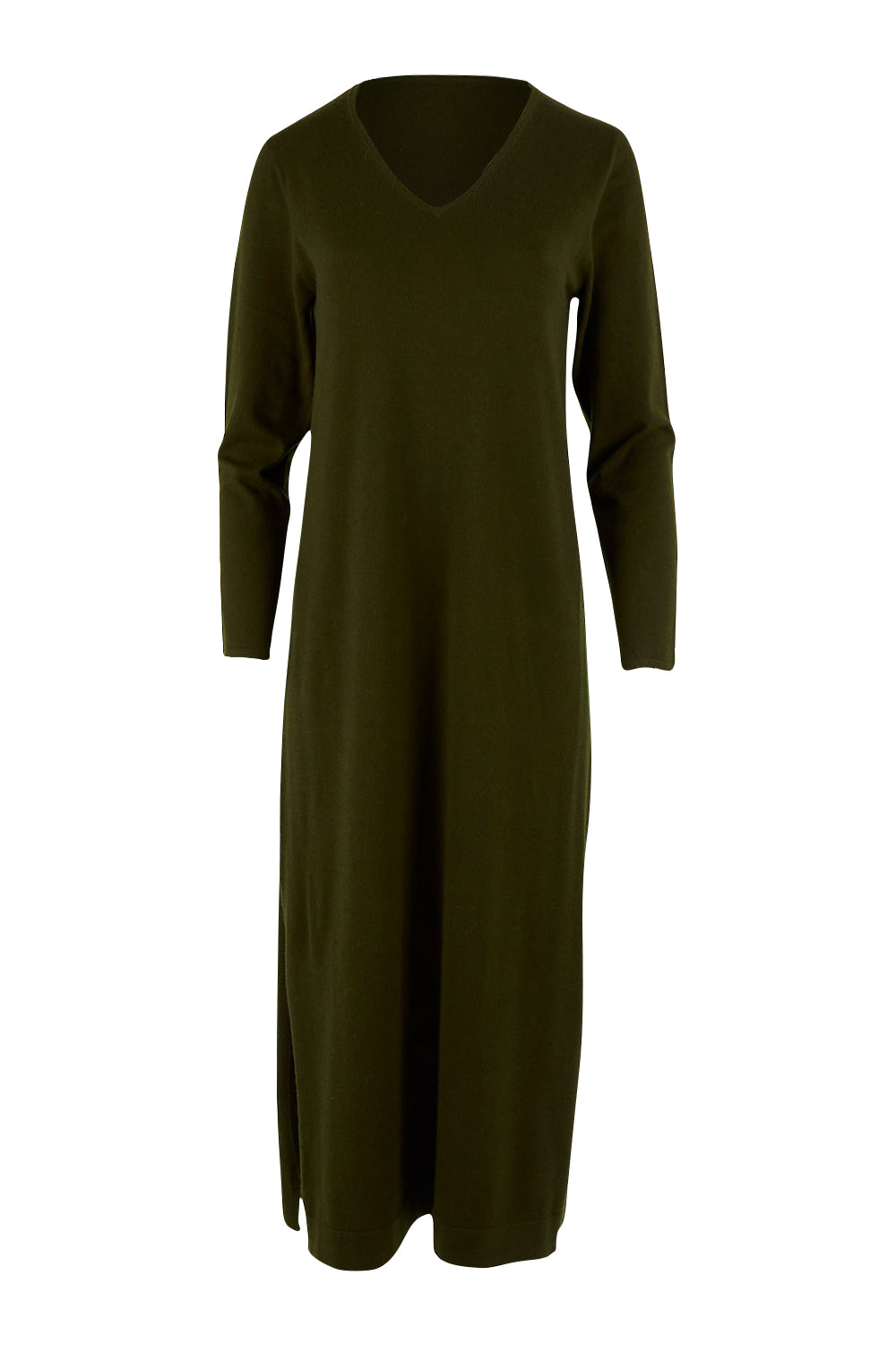 Product shot of The Comfort True Knit Dress in colour Darkolive (Green), from the front