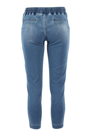 Product shot of The Weekend Pull On Jogger Jean in colour Denim (Blue), from the back