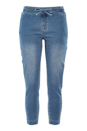 Product shot of The Weekend Pull On Jogger Jean in colour Denim (Blue), from the front
