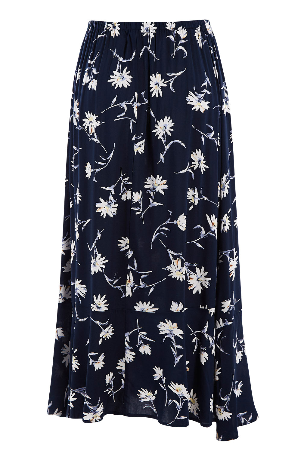 Product shot of The Pull On Swing Print Skirt in colour Daisyprint (Blue), from the back
