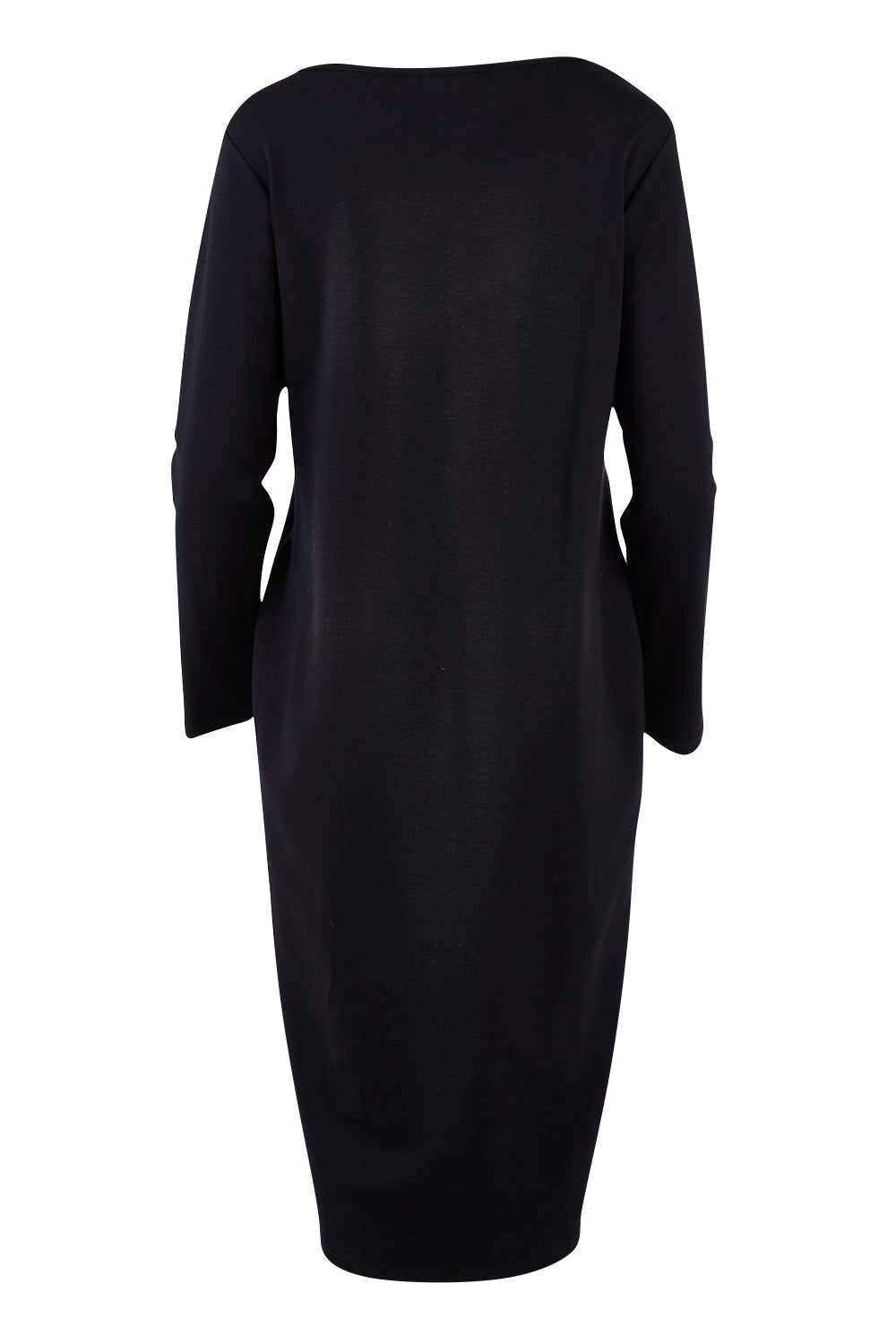 Product shot of The V Neck Essential Ponte Dress in colour Black (Black), from the back