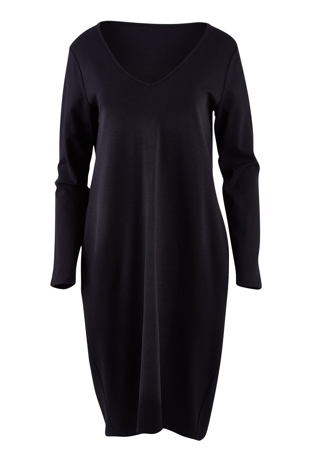 Product shot of The V Neck Essential Ponte Dress in colour Black (Black), from the front