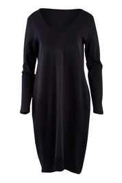 Product shot of The V Neck Essential Ponte Dress in colour Black (Black), from the front