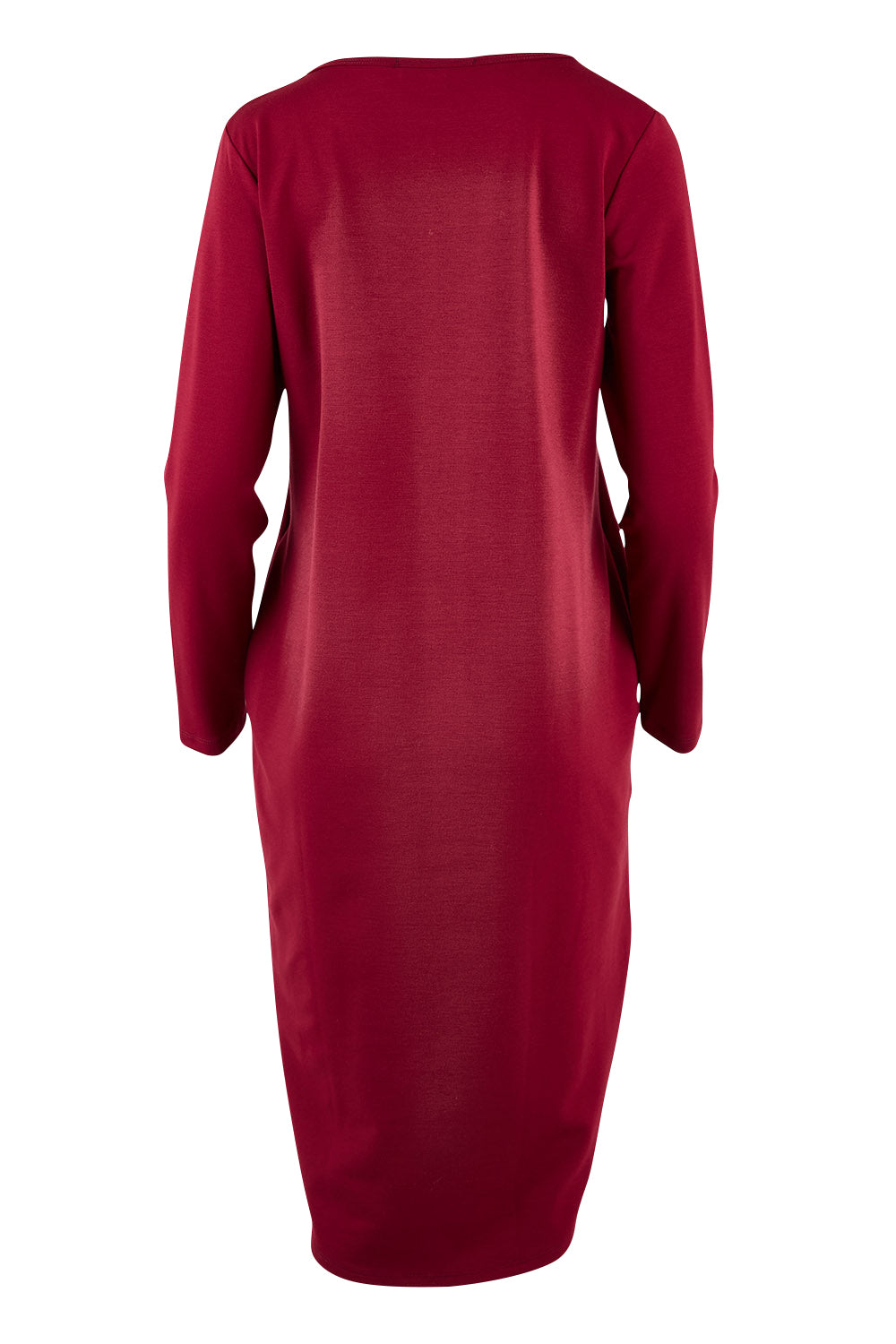 Product shot of The V Neck Essential Ponte Dress in colour Pomegranat (Red), from the back