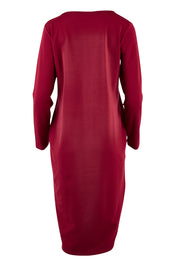 Product shot of The V Neck Essential Ponte Dress in colour Pomegranat (Red), from the back