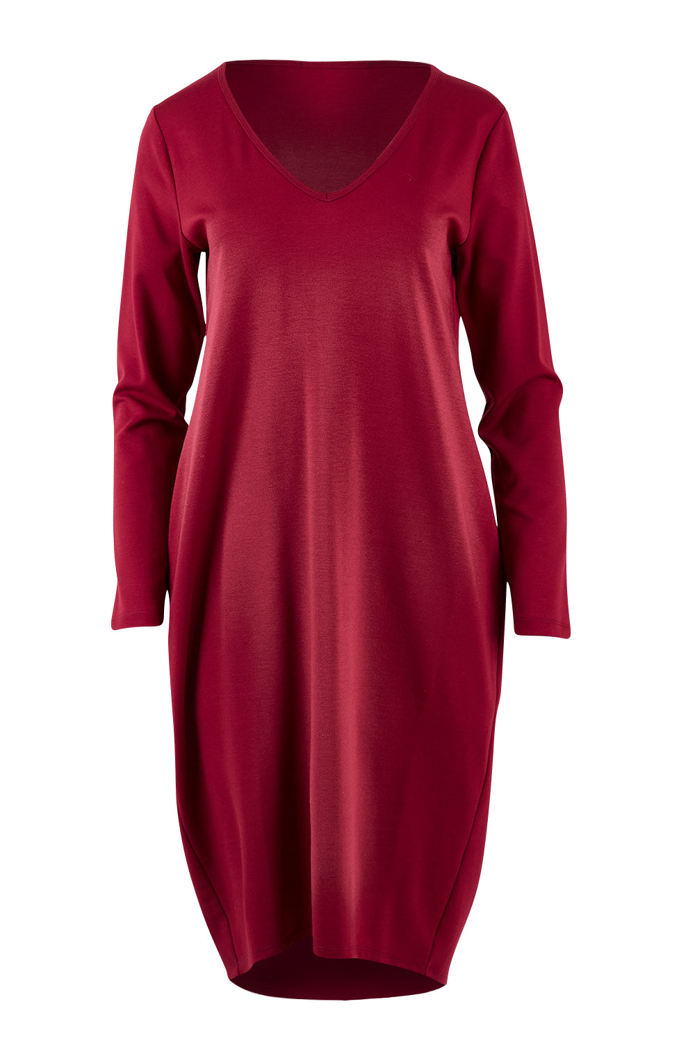 Product shot of The V Neck Essential Ponte Dress in colour Pomegranat (Red), from the front