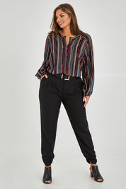Model Monique wearing size 14 of The Full Length Best Seller Pant in colour Black (Black), from the front, showing the whole outfit