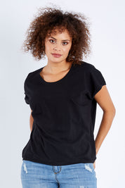 Model Lala wearing size 10 of The Shell Tee in colour Black (Black), from the front, cropped image