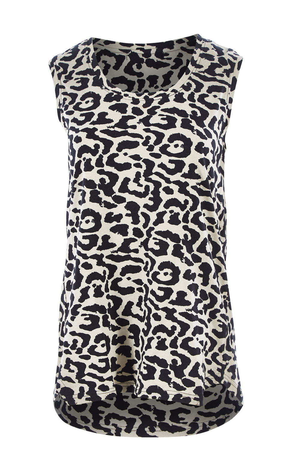 Product shot of The Step Hem Tank in colour Animal (Green), from the front