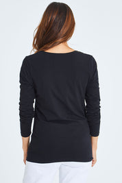 Model Cara wearing size 10 of The Long Sleeve V Neck Tee in colour Black (Black), from the back