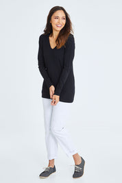 Model Cara wearing size 10 of The Long Sleeve V Neck Tee in colour Black (Black), from the front, showing the whole outfit