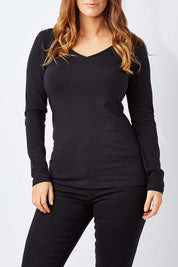 Model Laura wearing size 12 of The Long Sleeve V Neck Tee in colour Black (Black), from the front, cropped image