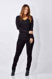 Model Laura wearing size 12 of The Long Sleeve V Neck Tee in colour Black (Black), from the front, showing the whole outfit