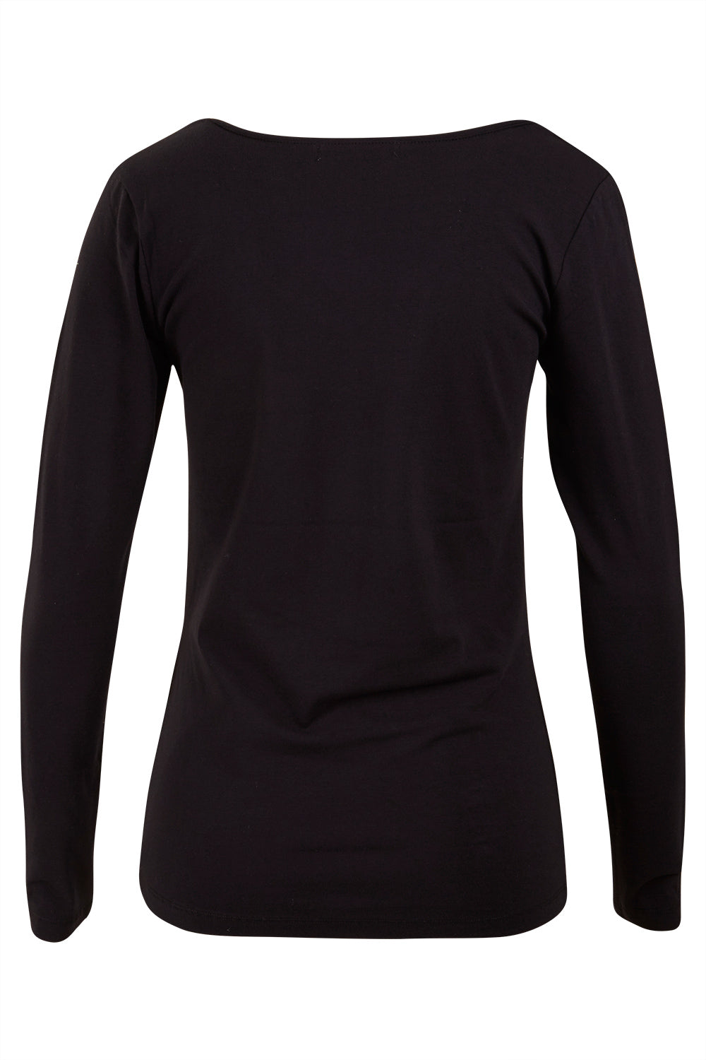 Product shot of The Long Sleeve V Neck Tee in colour Black (Black), from the front