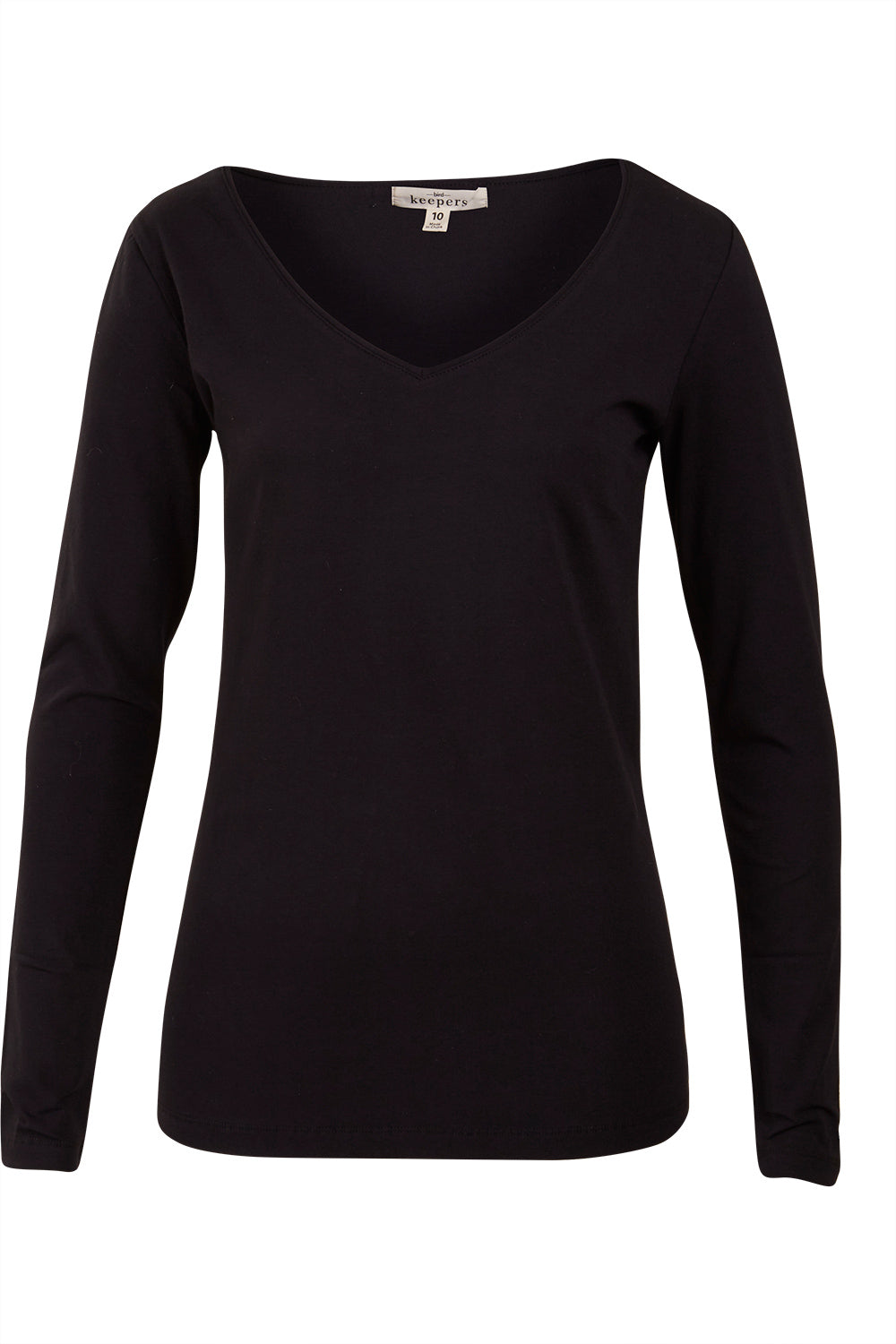 Product shot of The Long Sleeve V Neck Tee in colour Black (Black), from the front