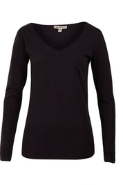 Product shot of The Long Sleeve V Neck Tee in colour Black (Black), from the front