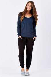 Model Anna wearing size 10 of The Long Sleeve V Neck Tee in colour Navy (Blue), from the front, showing the whole outfit