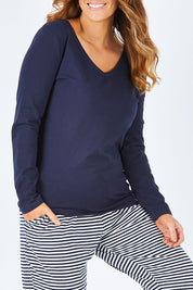 Model Laura wearing size 14 of The Long Sleeve V Neck Tee in colour Navy (Blue), from the front, cropped image