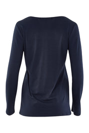Product shot of The Long Sleeve V Neck Tee in colour Navy (Blue), from the back